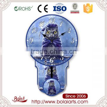 Cute design gray owl and snow painting pendulum wooden mdf owl clock