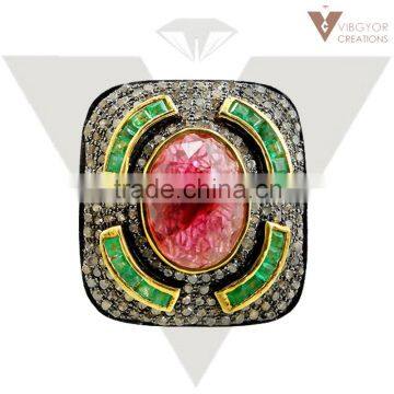 925 Sterling Silver Wholesale Emerald & Pink Tourmaline Ring, Pave Diamond Handmade Jewelry Supplier