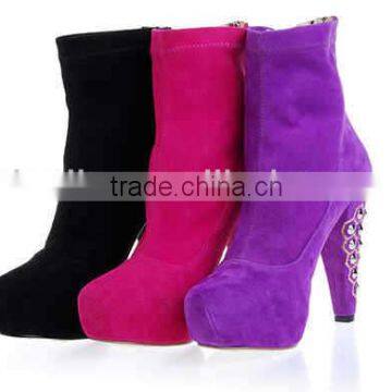 Rabbit hair women's leather crystal chunky heel attractive boots