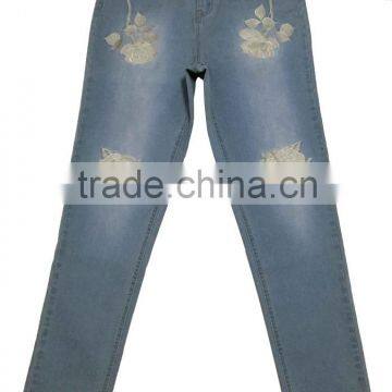 new European and American type fashion pants washed jeans embroidered flowers waist jeans pants women