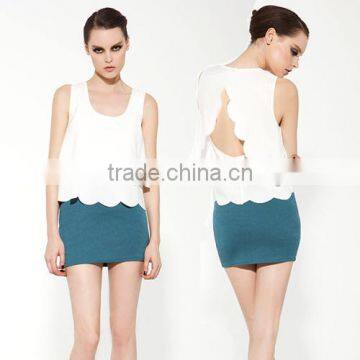 Women Solid Color Wave Hem Hollow Out Back Summer TankTop Blouse OEM ODM Type Clothing Factory Manufacturer From Guangzhou