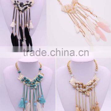 Bohemian women jewelry 18k gold multilayer bead tassel feather necklace NK-1013