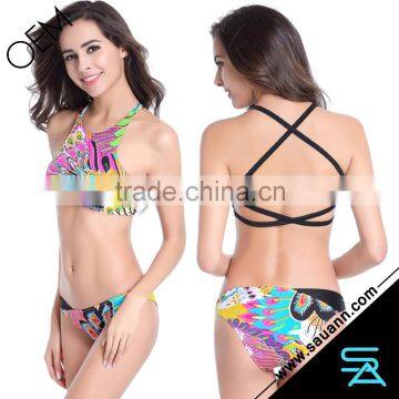 Womens Halter Tankini Back Crossover Two Piece High Neck Bikini