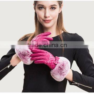 Rex Rabbit Fur Wrist Trim Genuine Sheep Leather Gloves Dimond Lattice Design