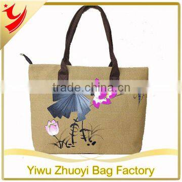 eco-friendly shopper great large cotton jute shopping bag with Chinese painting print