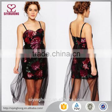 Dongguan clothing wholesale sequin sleeveless short dress mesh mini prom dress for clubwear