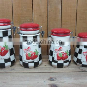 New strawberry emboss ceramic airtight storage canister with red lid