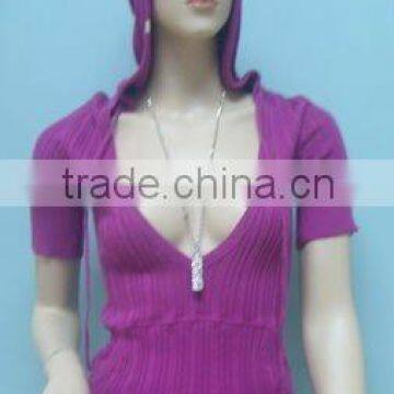 2011-LS053 LADIES SHORT SLEEVE DEEP U- NECK HOODED PULLOVER SWEATER
