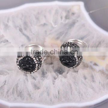 High Quality Sterling Silver 925 Black Druzy Stone Ring, Pave Crystal Jewery Carving Obsidian Buddha Ring