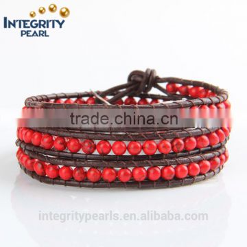 4mm red turquoise small beads four layers braided leather bracelet wholesale