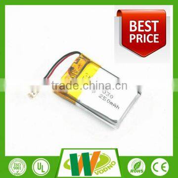 Factory direct li-polymer battery 502030 250mAh, rechargeable battery with PCB