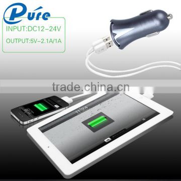 New Design Portable aluminum Dual USB Car Charger,Car Adapter for IPOD/IPAD/MP3/Mobile phone