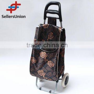 No.1 yiwu exporting commission agent wanted 93cm Best Selling Rose pattern Black Fodable Shopping Trolley with Bag