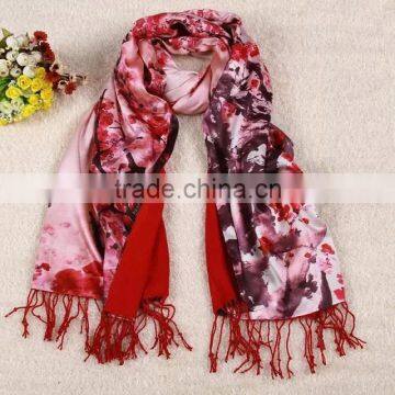 Winter scarf silk double layer digital printed silk scarf with tassels