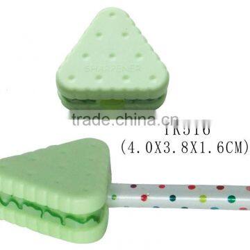 Cute triangular biscuit shape mini plastic pencil sharpener