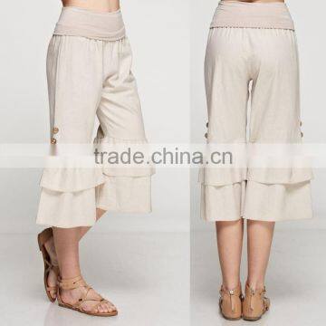 Women Ruffle Alibaba Knit Pants Linen Fold Over Waist Ruffle Capri Triple Ruffle Pants