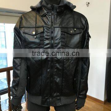 Stock winter fleece hood pu leather men jacket fur linning