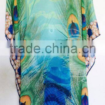 Peacock Digital Print Crystal Embellished Lace up Kaftan CAFTAN Tunic Poncho Blouse photo-4