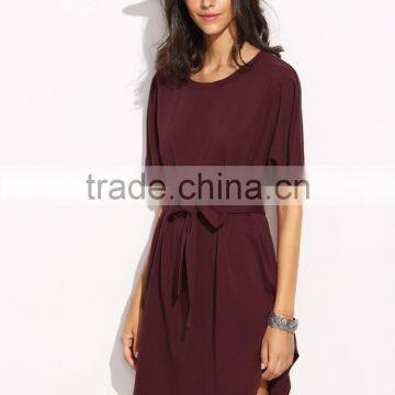 Burgundy Self Tie Curved Hem Dolman Sleeve Dress 95% Cotton 5% Spandex Curved Hem Casual Belted Dress photo-2