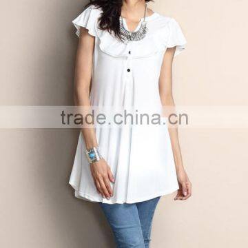 Hot Selling Women Blouse With White Ruffle Notch Neck Cap-Sleeve Tunic Women Tops Women Wear GD90426-8 photo-2