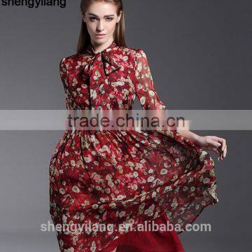 Ladies Floral Printed Literary Traditional Silk Dress With Knot Neck photo-3