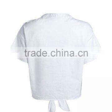 Ladies White Shoulder Snap Button Short Sleeve Woven t Shirt With Front Bow photo-3