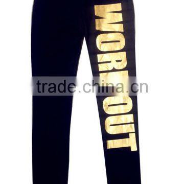 Women Gold Letter Printed Black Sport Pants Leggings Fitness Elastic Gym Running Trousers