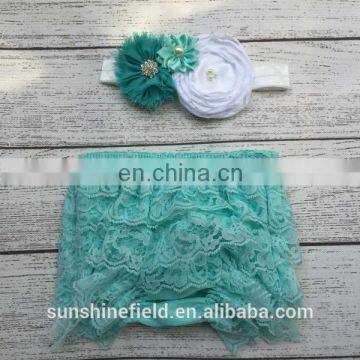 Mint Baby Lace Ruffle Shorts Matching Baby Headband Baby Girl Diaper Covers Baby Ruffle Bloomer