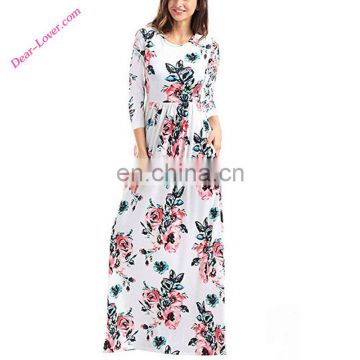 Stylish Classic O-Neck Floral Print White 3/4 Sleeve Maxi Dresses with Pockets