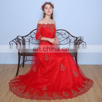 Custom Made Elegant Red Off-The-Shoulder 1/2 Sleeve A Line Floor Length Appliqued Tulle Evening Dress