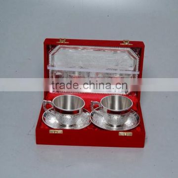 Silver Plated Brass Tea Coffee Cups & Plates Set of Two With Serving Tray