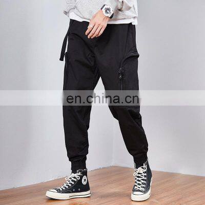 High fashion custom logo Breathable elastic waist black zipper elastic foot mens cargo pants