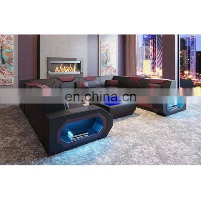 U shaped large LED lights modern design couch sectional leather sofa living room sofa set