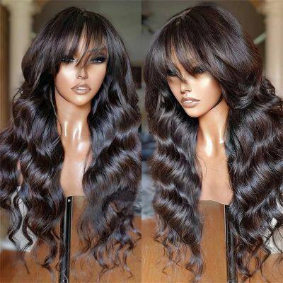 Body Wave Human Hair Wigs With Bangs 180% Density Remy Indian Wig With Bangs Full Machine Made Fringe Wig Human Hair Natural Wig photo-2