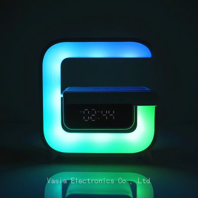 LED Wireless Charging Bedside RGB Table Lamp Mini G Shape Cordless Alarm Clock Speaker Push Button Bluetooth