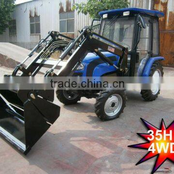 35HP mini farm tractor with front loader 4in1 bucket and backhoe,4cylinders,8F+2R shift,with Cabin,heater,fan,fork,blade