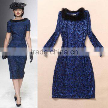 Sexy ladies lace bright blue long sleeve slim evening dress with fur collar fashion designer wholesale C17132