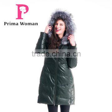 Winter Women Medium Length Slim Fit Leather Coat With Silver Fox Hat Overcoat photo-4