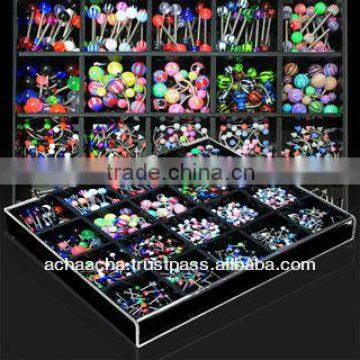 Display w/ assorted steel bananas , barbells , labrets with acrylic balls & cones (360 pcs)