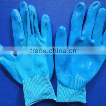 Blue Polyester knitted gloves with Nitrile coated on palm,13 gauge