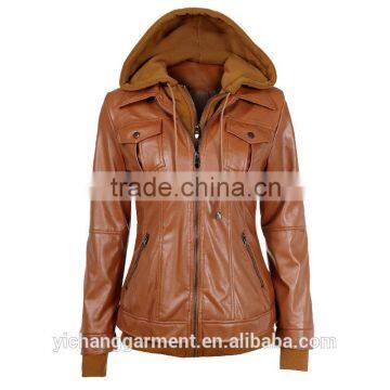 2016 Cognac Genuine Leather Jacket with hoods for women