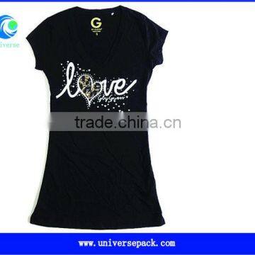 Customized V-neck rhinestone stud lady t-shirt fro wholesale