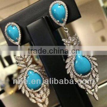 2013 Modern Design Earring Zirconia Silver with Smooth Turquoise Stone