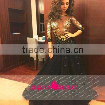 AE1529 2015 Fashion Sexy Black Long Sleeves See through Sparkly Prom Dress Dubai