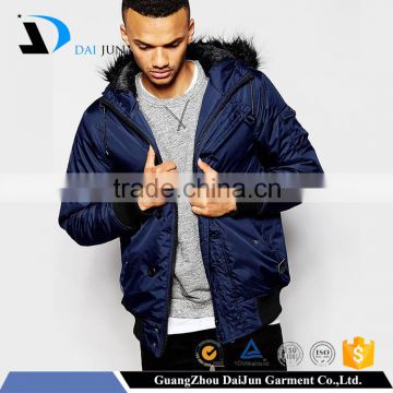 Guangzhou oem custom logo royal blue 100 polyester winter with hood hide zip men feather supreme jacket