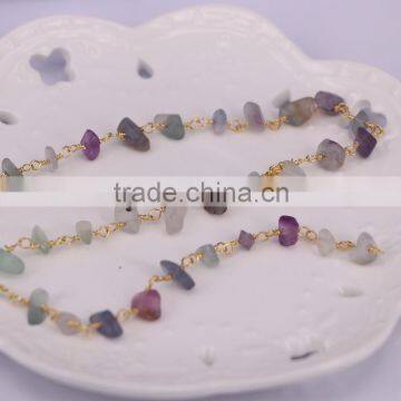 Natural Fluorite Nugget Quartz Chip Bead Rosary Chain, Gold Plated Wire Wrapped Chain