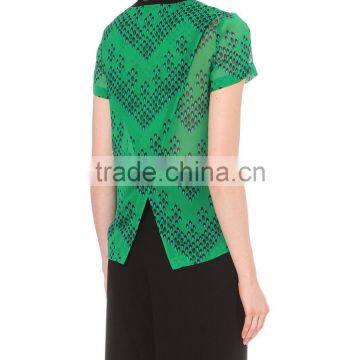 Wholesale Women Green Short Sleeves Round Neck Sheer Silk Top(DQE0092T) photo-3