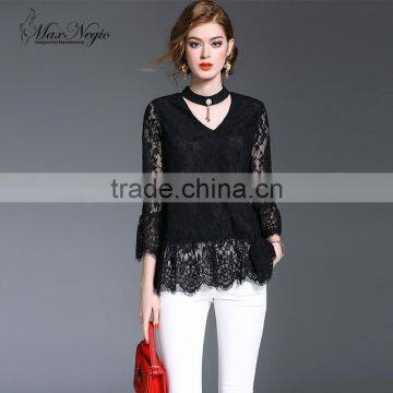 Maxnegio Lotus leaf sleeves top tee white lace t-shirts blouse neck patterns