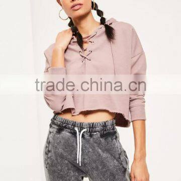 Purple Lace Up Cropped Hoodie With Gym Leggings Custom Plain Lazy Days Lovely Hoodie Raw Hem Vintage Style photo-4