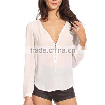 2016 New Fashion Zipper Designs V-neck Women Chiffon Shirt Blouse Long-sleeve Top Clothings photo-5
